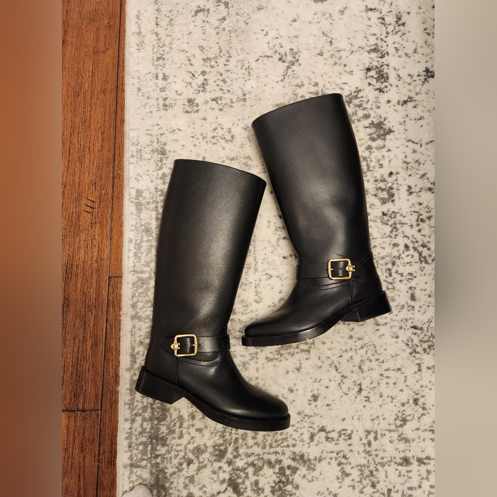 NEW Coach SIZE 6.5 Black Over the Knee Boots with Gold Buckle